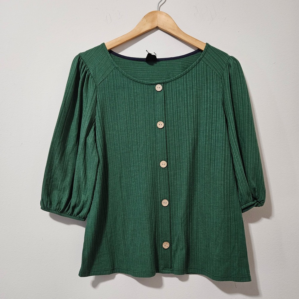W5 Women Forest Green‎ Ribbed Knit Button Front Puff Sleeve Blouse Top Large